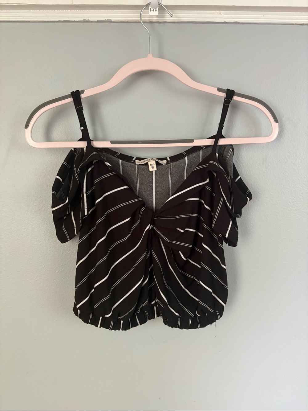 Express Black & White Striped Cold-Shoulder Twist Crop Top